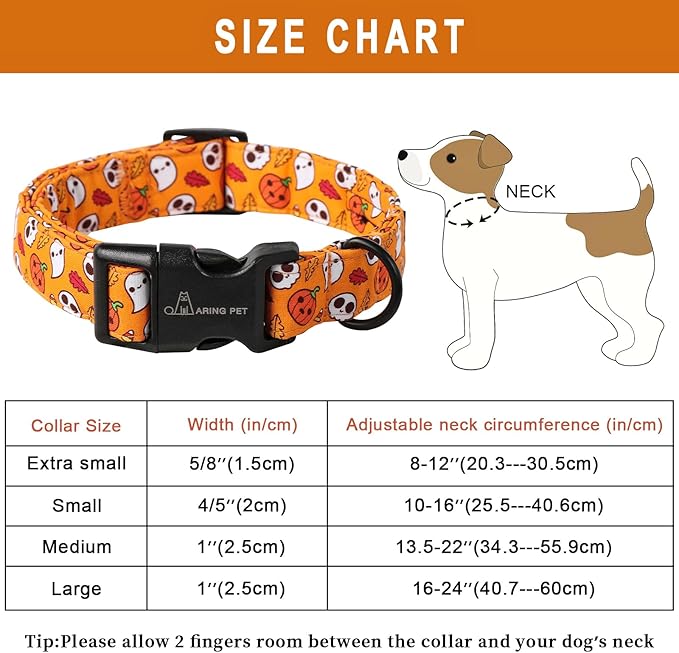 ARING PET Halloween Dog Collar, Cute Orange Ghost Pumpkin Leaves Cotton Lightweight Pet Collars with Quick Release Buckle for Puppy Small Medium Large Boy Girl Dogs-S