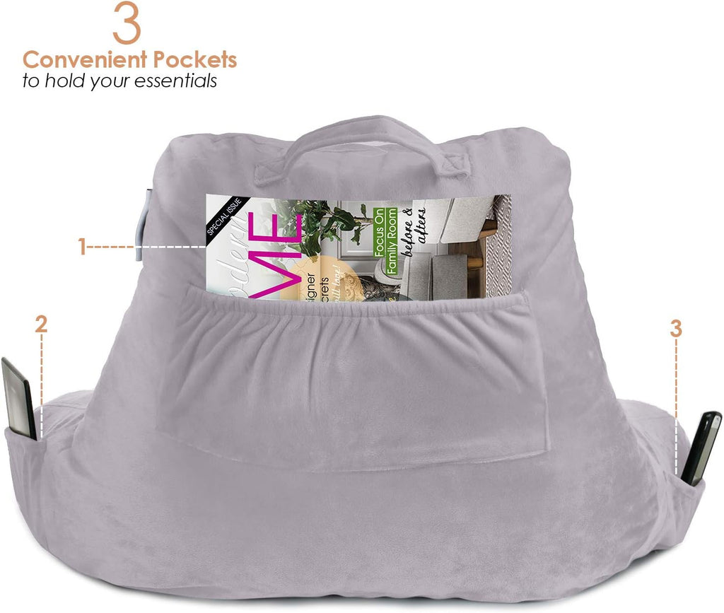 Nestl Reading Pillow with Shredded Memory Foam, Designed for Sitting Up in Bed and Couch, Back and Arms Adjustable Support for Adult & Teens Backrest Pillows for Reading, Washable Cover, Grey Lavender