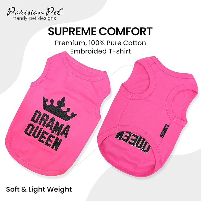 Parisian Pet Dog Tshirt - Embroidered “ Drama Queen “ Tank Top - Breathable and Lightweight Dog Clothes - Sleeveless Pink Tee Shirts - Machine Washable Shirts for Small Dogs Girl - XXS