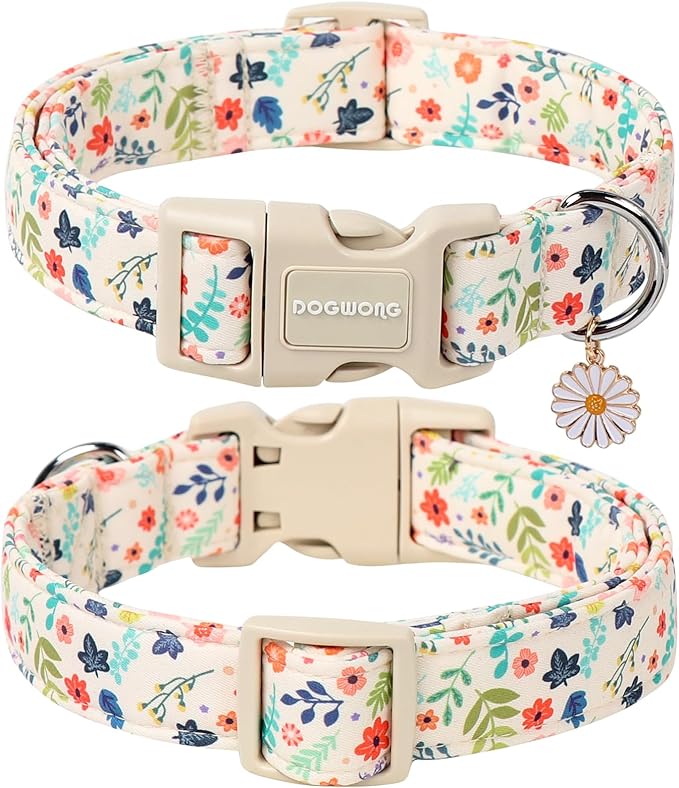 DOGWONG Spring Summer Floral Cotton Dog Collar, Pink Flower Dog Collar Durable Soft Fabric Pet Dog Collars Cute Girl Female Puppy Necklace for Small Medium Large Dogs