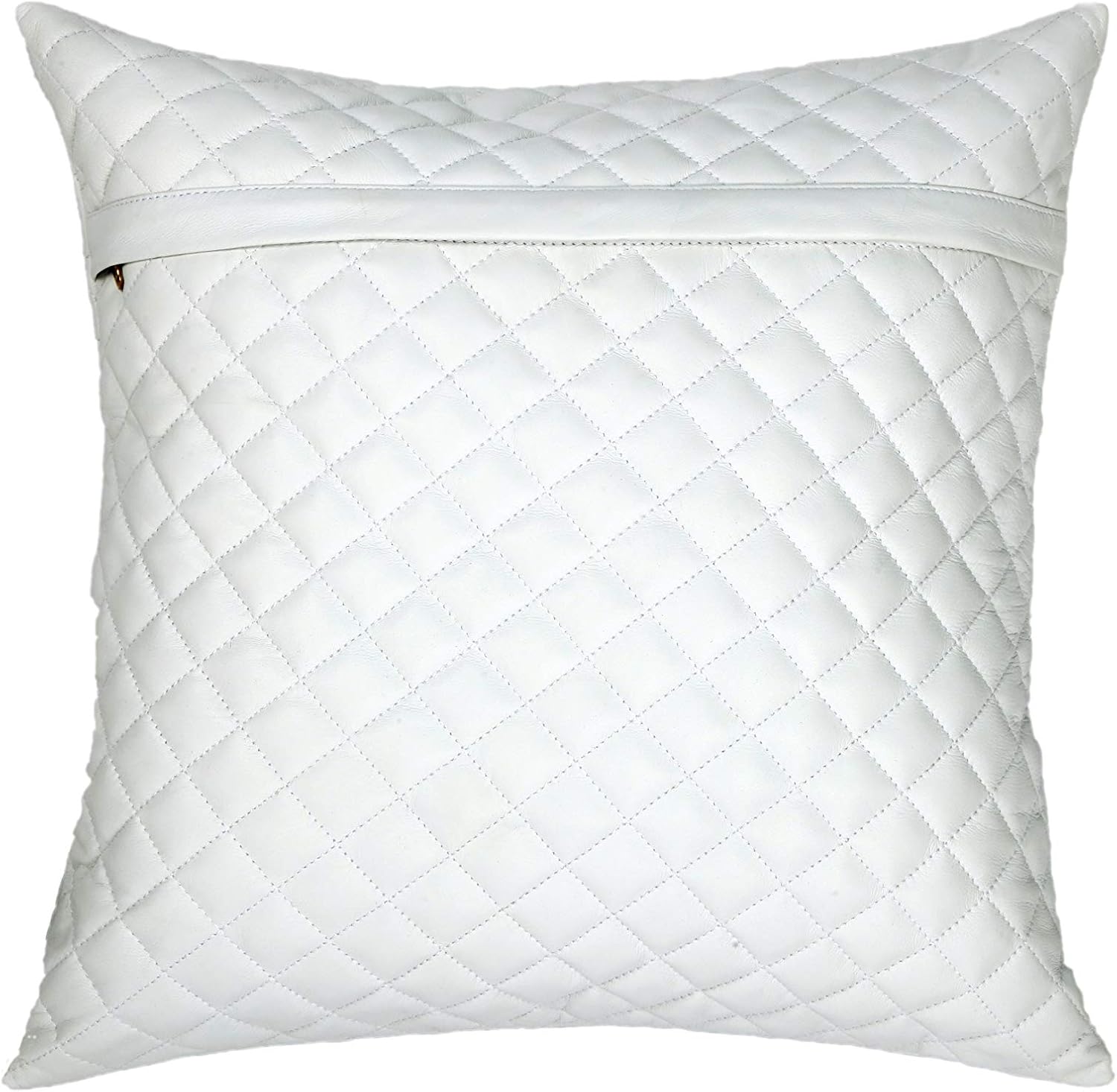 100% Lambskin Leather Diamond Lattice Pattern Pillow Cover - Sofa Cushion Case - Decorative Throw Covers for Living Room & Bedroom - 22x22 Inches - White Pack of 1