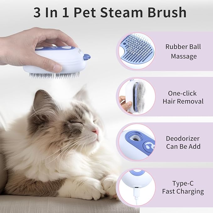 Cat Steam Brush, 3-in-1 Pet Steam Brush for Cats Shedding & Grooming, Brushes for Indoor Cats, Anti-Static Hair Removal Comb with Water Tank, Gentle Grooming Supplies for Long & Short Hair