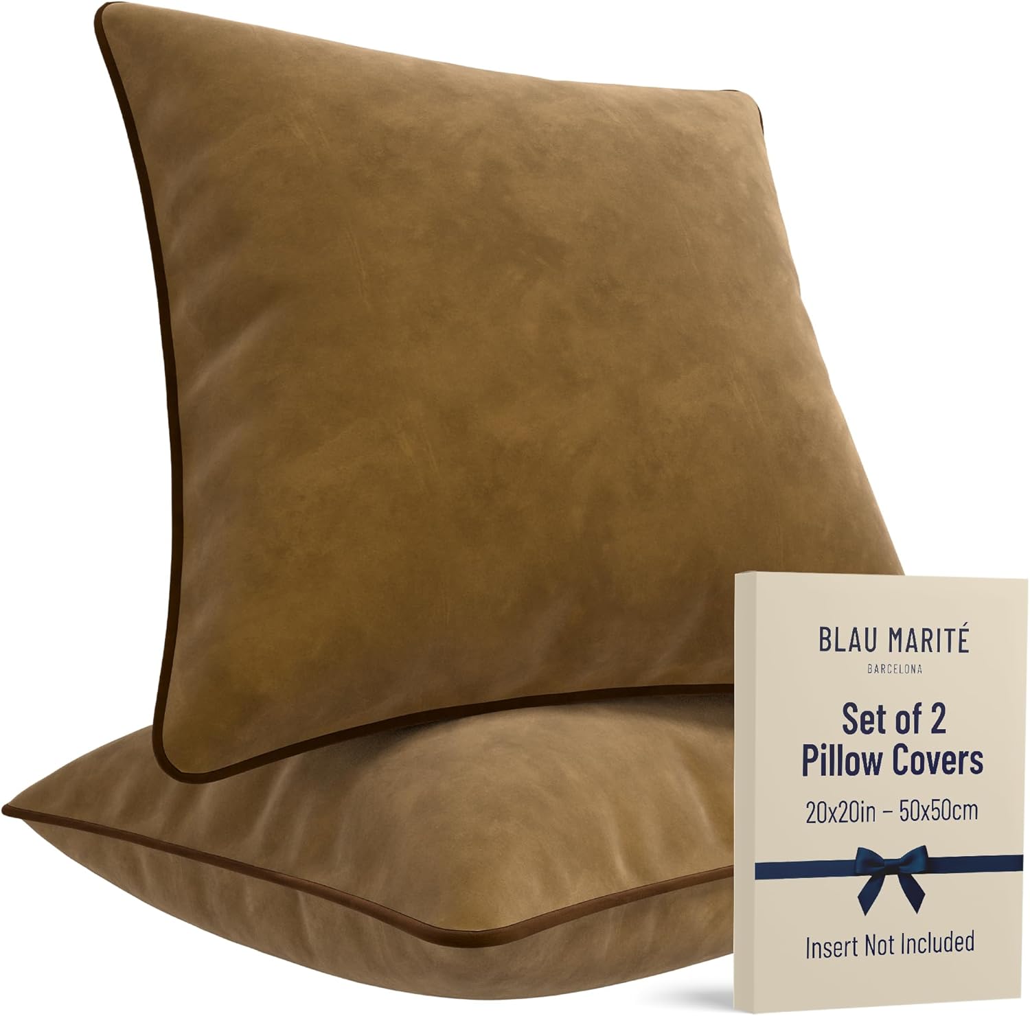 2 Pack Velvet Decorative Throw Pillow Covers, 20"x20", Camel and Brown, Solid, Modern, Contrast Piping, Indoor Use, Bedroom & Living Room