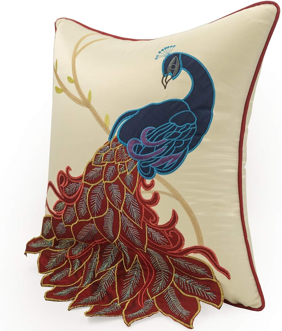 vctops Embroidered Peacock Decorative Throw Pillow Case Silky Satin Cushion Cover Red2 18"X18"