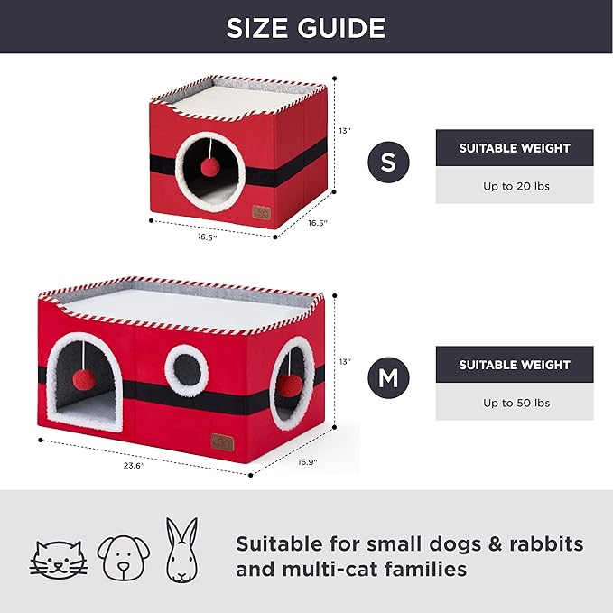 Bedsure Large Cat Beds for Indoor Cats - Extra Wide Cat Cube House for Small Pet with Fluffy Ball Hanging and Scratch Pad, Foldable Pet Cave Hideaway for Multiple Cats, 23.6x16.9x13 inches,Red