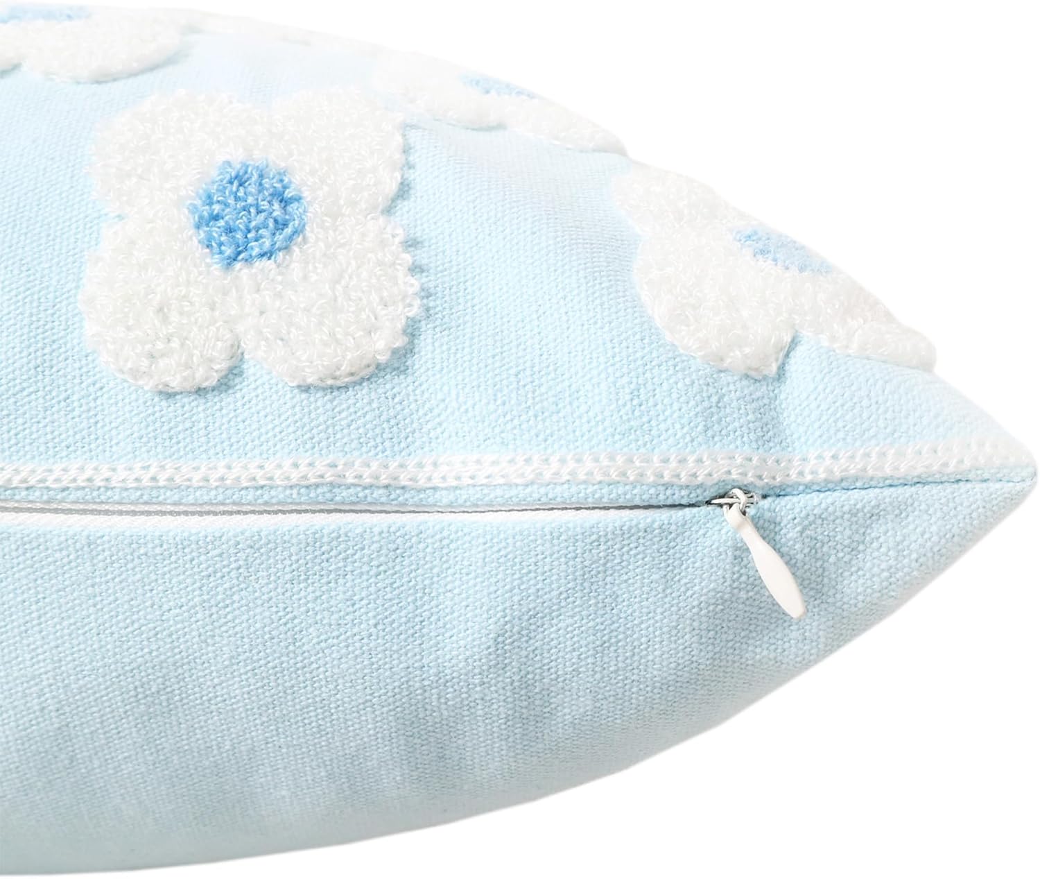 DECOBIRD Embroidery Throw Pillow Cover 20x20 Light Blue Floral Design Home Decor Loop Embroidered Pillow Case Thick Cotton Canvas Square Cushion Cover for Couch 50x50cm, 4 Petal Flowers 1 Piece