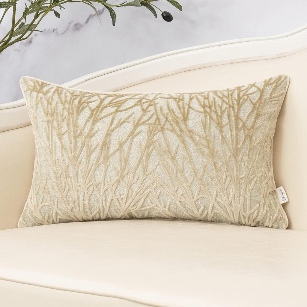 Yangest Beige Throw Pillow Cover Velvet Cushion Cover Branches Rectangular Neutral Pillowcase for Sofa Couch Bedroom Living Room, 12x20 Inch