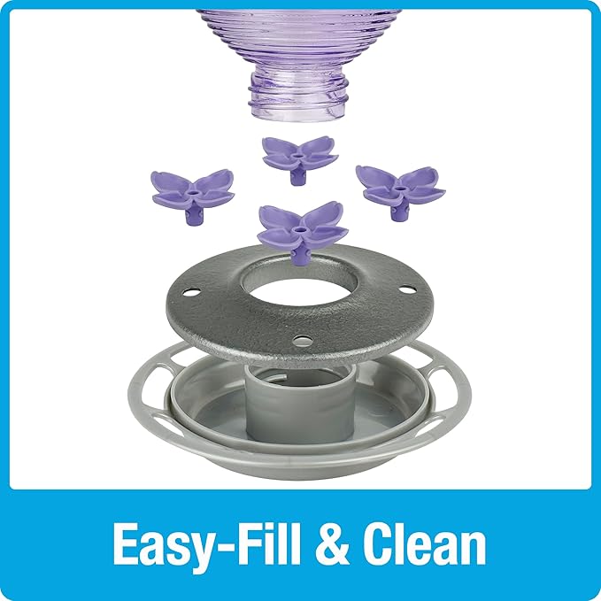 Nature's Way Hanging Glass Hummingbird Feeder for Outdoor Decor, 29 Ounce Capacity Nectar Feeder, 4 Easy to Clean Flexible Ports, Purple Lilac