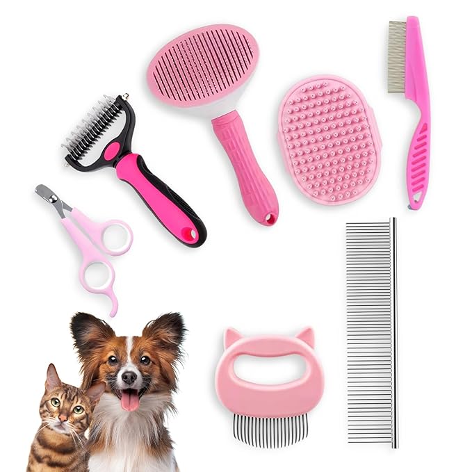 Pet Grooming Brush Set 7 In 1 Self Cleaning Slicker Brush, Flea Combo, Dog Bath Brush & Double Sided Undercoat Rake Brush With Pet Grooming Kit Hair Massaging Shell Comb For Cats And Dogs