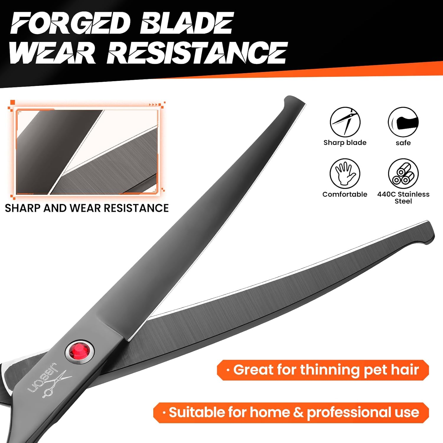 JASON 7.5" Dog Grooming Shear - Professional Up-curved Scissor with Round Tips Japanese Stainless Steel Hair Scissor for Dogs, Cats and Other Pets (Curved with Round Tips, Black)