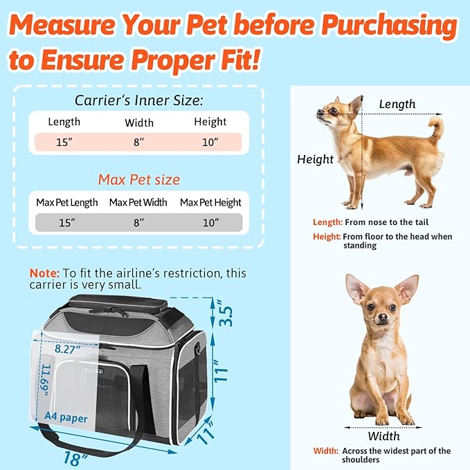 Petskd Top-Expandable Pet Carrier 18x11x11 Inches Delta American United Airline Approved, Soft-Sided Carrier for Small Cats and Dogs with Locking Safety Zippers and Anti-Scratch Mesh(Grey)