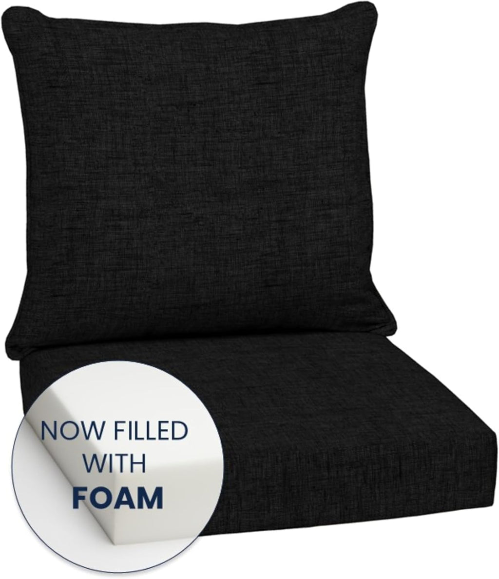 Arden Outdoor Foam Deep Seat Cushion Set, 24 in x 24 in, Weather-Proof, Rain-Proof, Fade Resistant Patio Cushion, Bottom and Back Cushion for Chair, Sofa, and Couch Black Leala