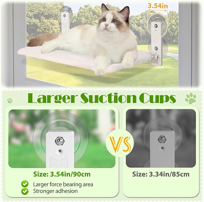 keny Cordless Cat Window Perch, Foldable Cat Window Hammock with 4 Suction Cups, Reversible Cover with Two Different Kinds of Fabrics, 40Lbs Load Capacity Sturdy Cat Window Bed for Cats Inside, White