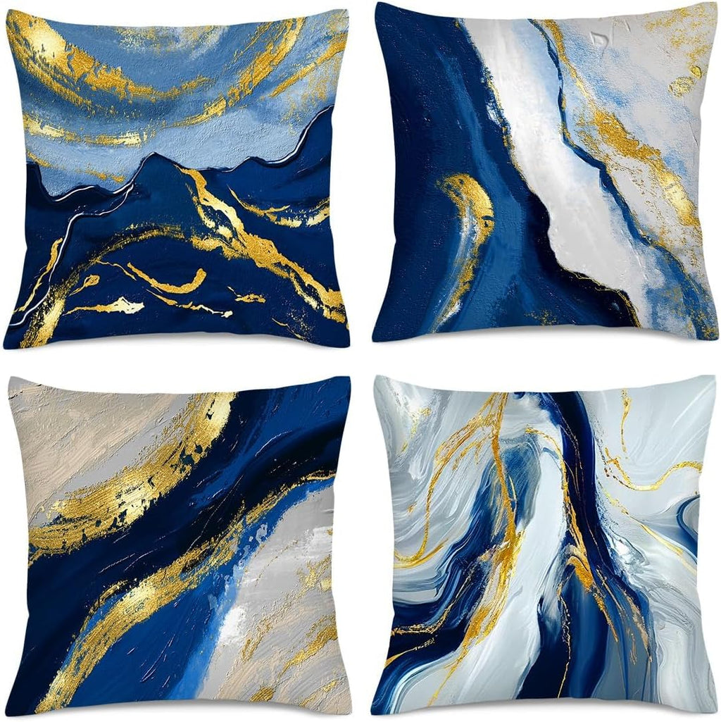 Navy Blue and Gold Throw Pillow Covers 18x18 Inches Set of 4, Modern Decorative Abstract Oil Painting Pillow Cover for Sofa Bed Chair Office Bedroom Livingroom Couch Dark Blue and Gold Decor