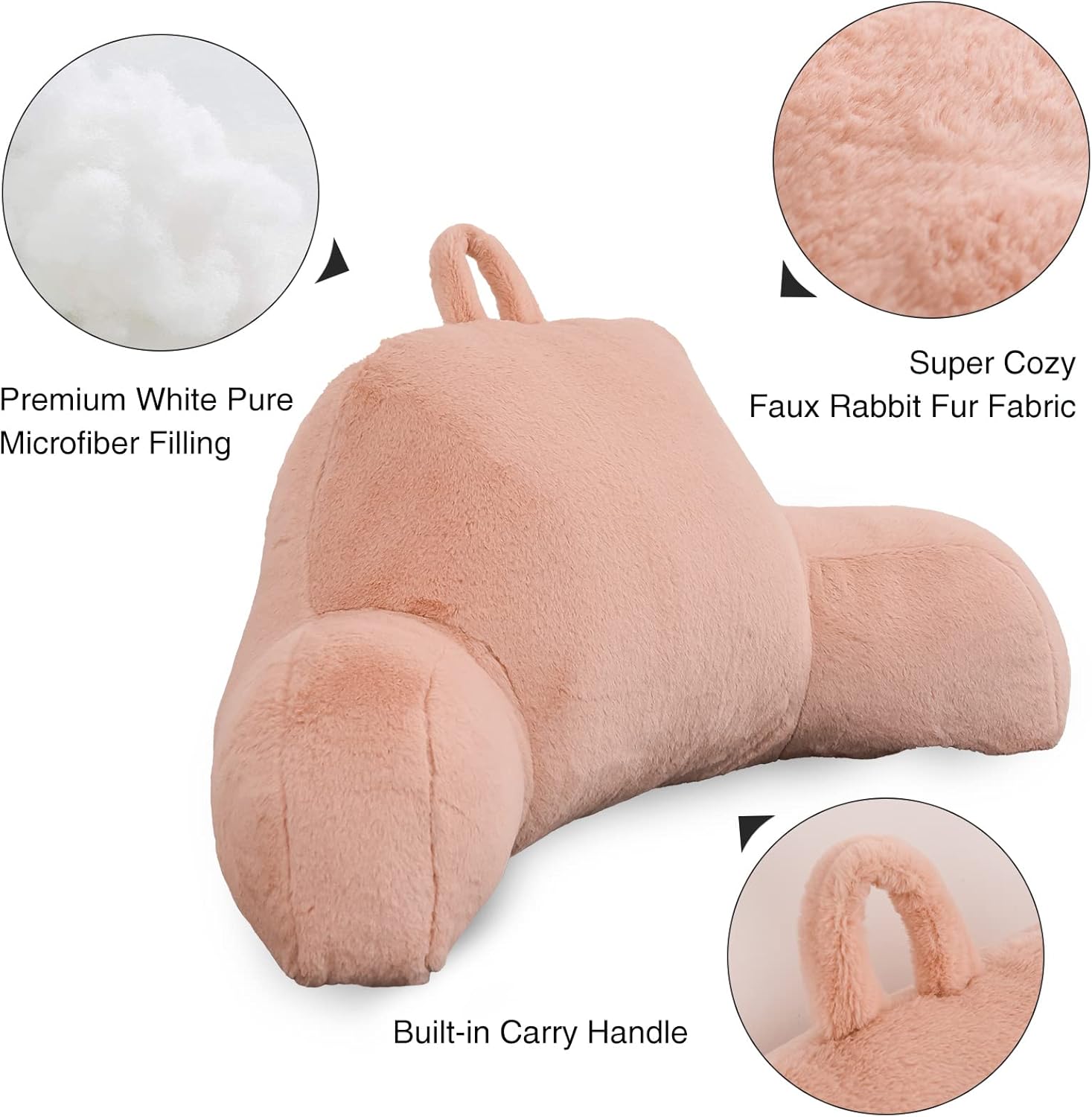 Aimuan Reading Pillow Bed Rest Pillow with Arms Rabbit Fur Back Pillow for Sitting up in Bed Adults Teens Incline Rest Sleeping Snoring with Pregnancy Lumbar Waist Support (Standard, Blush)