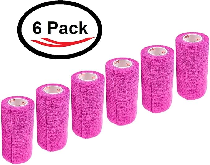 4 Inch Vet Wrap Tape Bulk (Fuchsia) (Pack of 6) Self Adhesive Adherent Adhering Flex Bandage Grip Roll for Dog Cat Pet Horse