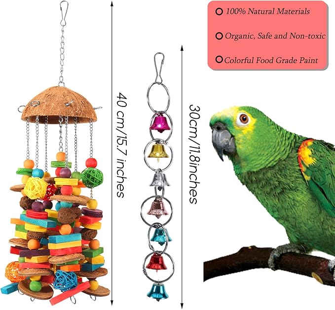 Bird Parrot Toys Natural Large Parrot Blocks Toy Colorful Bird Chewing Toys with Bells for Macaw Cockatoo African Grey Parakeets (Multicolor 01)