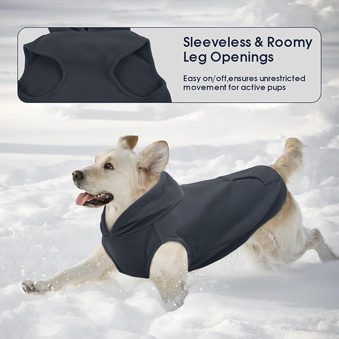 IECOii XL Dog Sweater & Pullover Hoodie for Large Dogs, Warm Fleece Layer with Hood for Cold Weather, Boys & Girls, Grey, Size XL