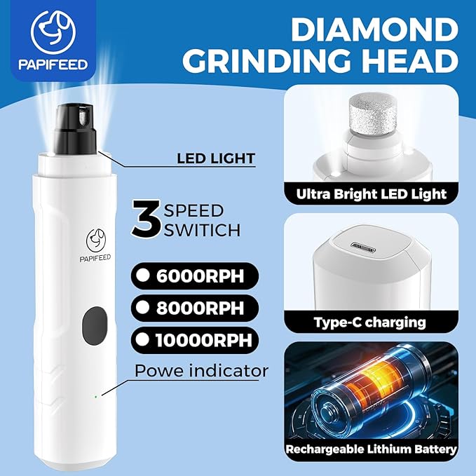 PAPIFFEED Dog Nail Grinder Upgraded with 2 LED Lights, 3-Speed Rechargeable & Quiet - Upgraded Electric Pet Nail Trimmer for Small Medium Large Dogs & Cats, Painless Paws Grooming Tool - White