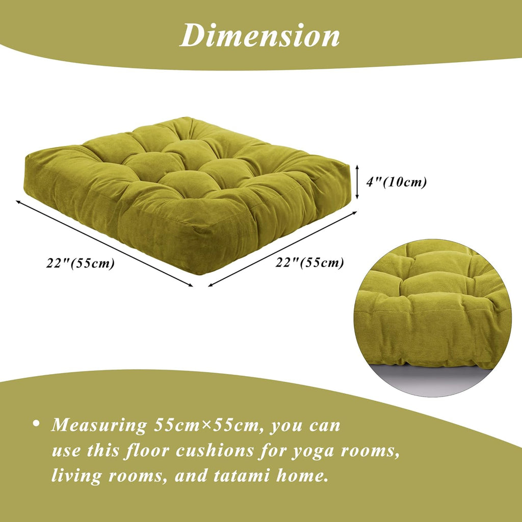 Meditation Floor Pillow 22×22 Inch 2 Pack Large Floor Cushions for Adults Square Tufted Corduroy Floor Pillows for Yoga Living Tatami Room Green