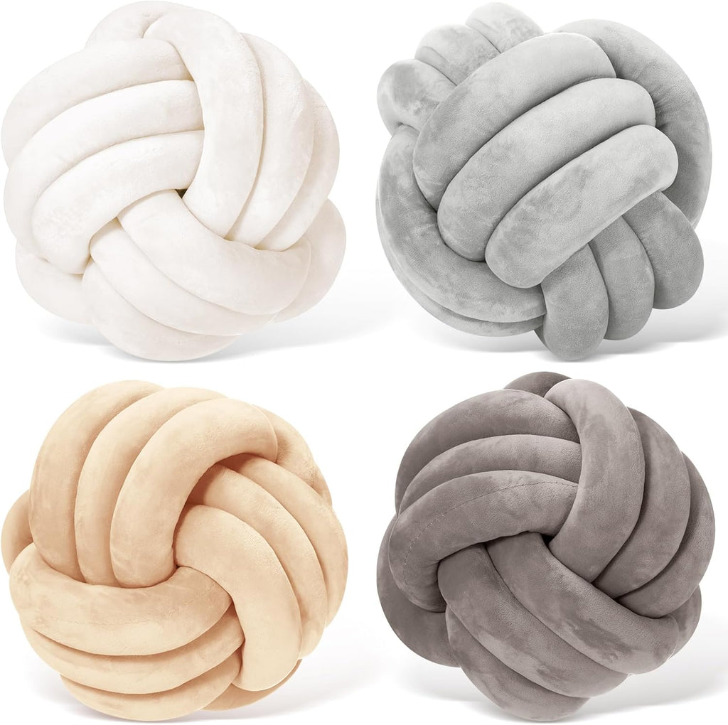Yerliker 4 Pcs Knot Pillow Ball, 8.7 Inches Soft Home Decorative Round Throw Pillow Handmade Knotted Plush Accent Cushion Gifts for Nursery Decor Home Bed Sofa Bedroom Decoration