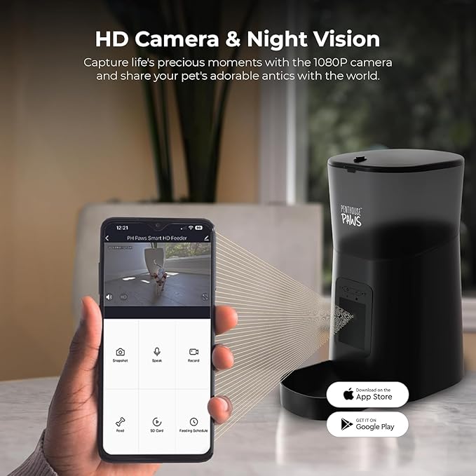 Smart HD Automatic Cat Feeder with 1080P Camera & Night Vision, 2-Way Audio, WiFi App Control, Anti-Jam 6L Cat Feeder with Backup Power, Easy to Clean, Schedules Up to 15 Meals for Cat & Dog, Black