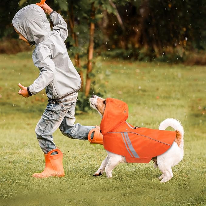 VIVAGLORY Wetoff Dog Raincoat, Rain Coat for Dog All Seasons Adventure, Rain Jacket with Harness Hole & Hood, Reflective Lightweight Waterproof for Doggy & Puppy, XXS, Orange