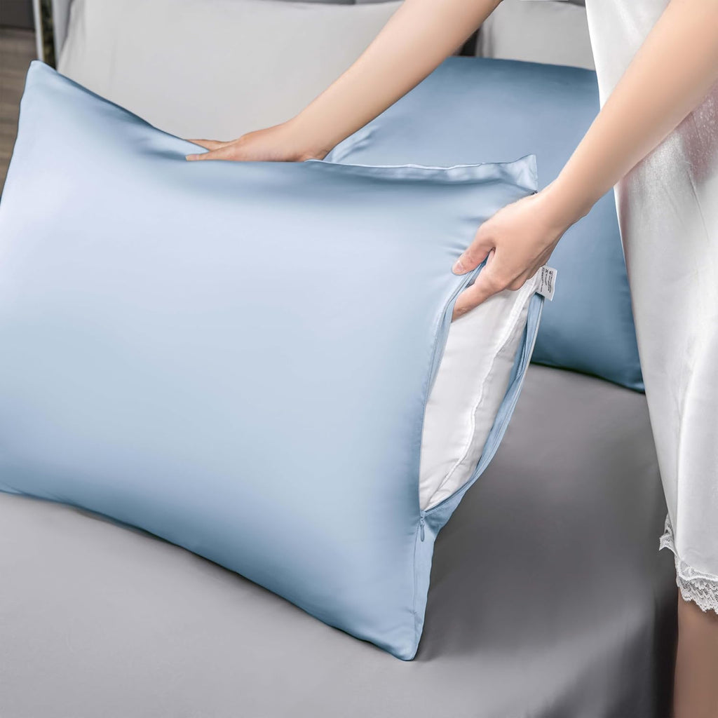 Mulberry Silk Pillowcase for Hair and Skin,Cooling Silk Pillow Case with Hidden Zipper,Allergen Proof Dual Sides Soft Breathable Smooth Silk Pillow Cover for Women (Light Blue,Body)