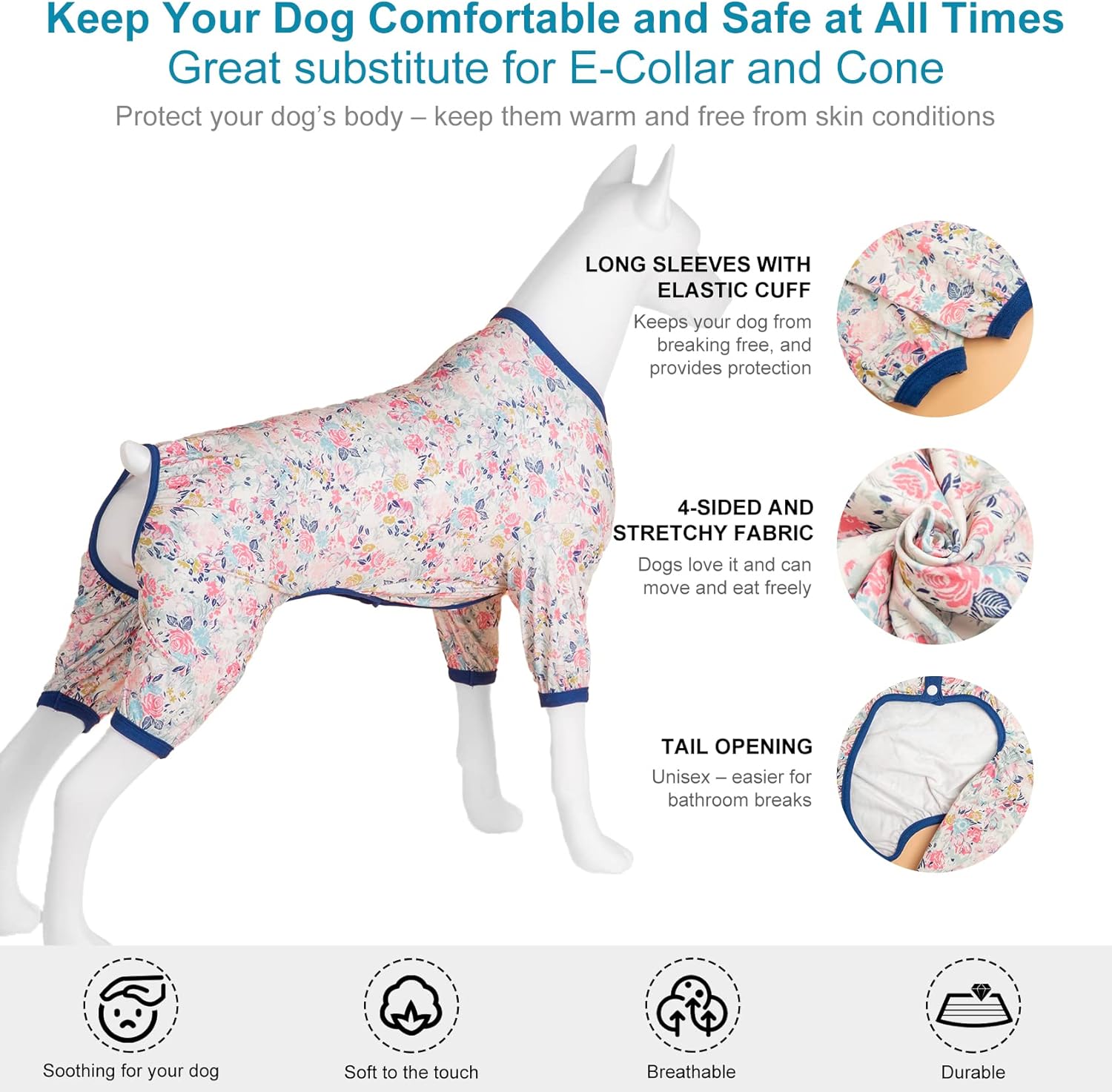 LovinPet Large Dog Clothes - Anxiety Calming Dog Shirt, Lightweight Fabric, Adorable Spring Flowers Print, Pjs for Large Dogs, Pajamas for Pitbulls, Pitbull Clothes, Pink 2XL