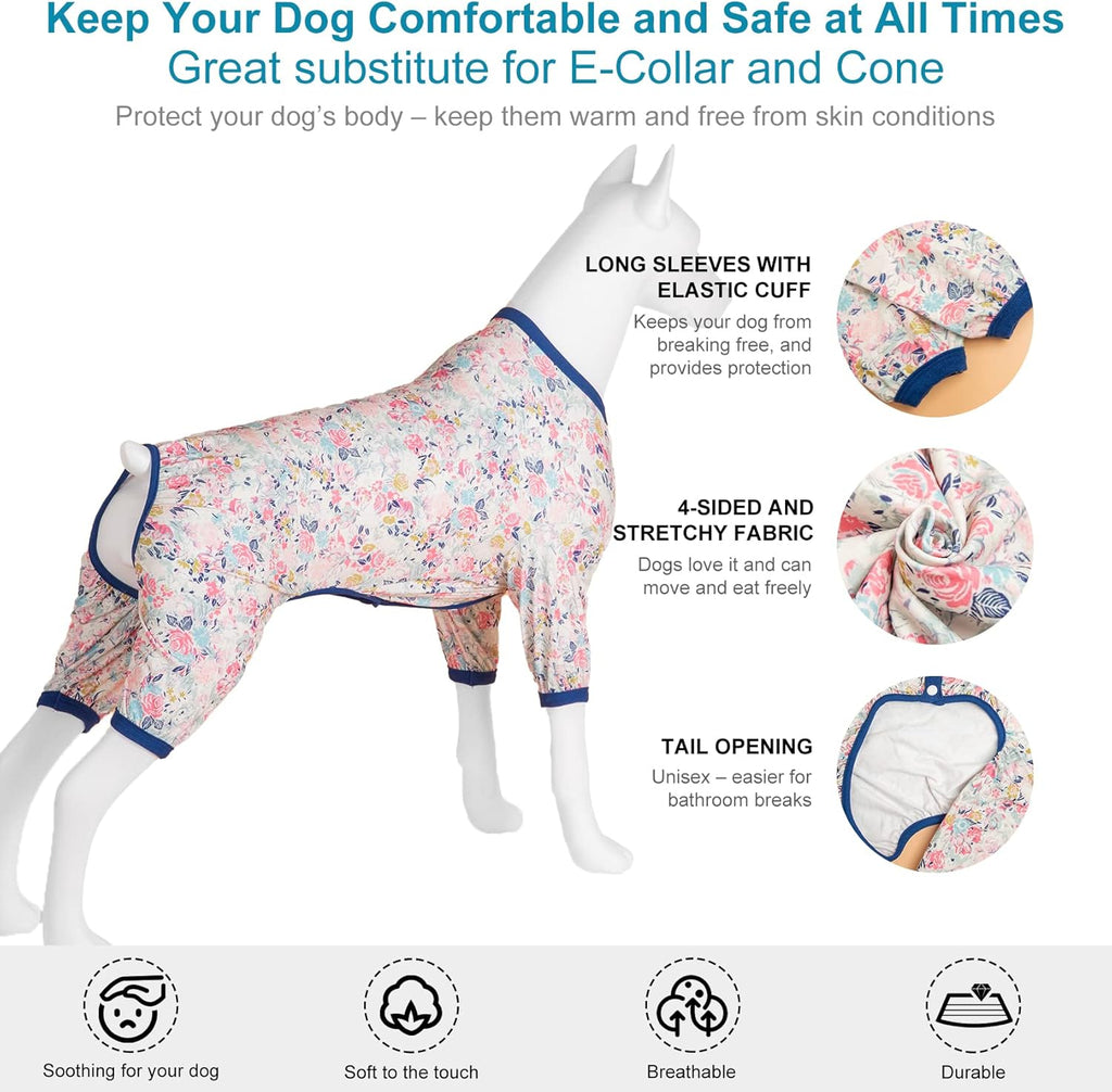 LovinPet Large Dog Clothes - Anxiety Calming Dog Shirt, Lightweight Fabric, Adorable Spring Flowers Print, Pjs for Large Dogs, Pajamas for Pitbulls, Pitbull Clothes, Pink 3XL