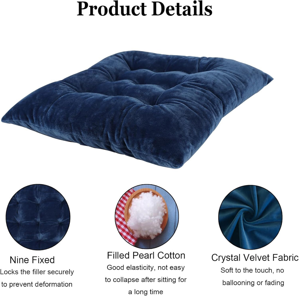 2 Pack Square Seat Cushion Chair Pads for Kitchen Dining Chairs, Soft Comfort Velvet Chair Mat Pillow Cushions with Ties for Office Desk Living Room Tatami 15.5", Blue