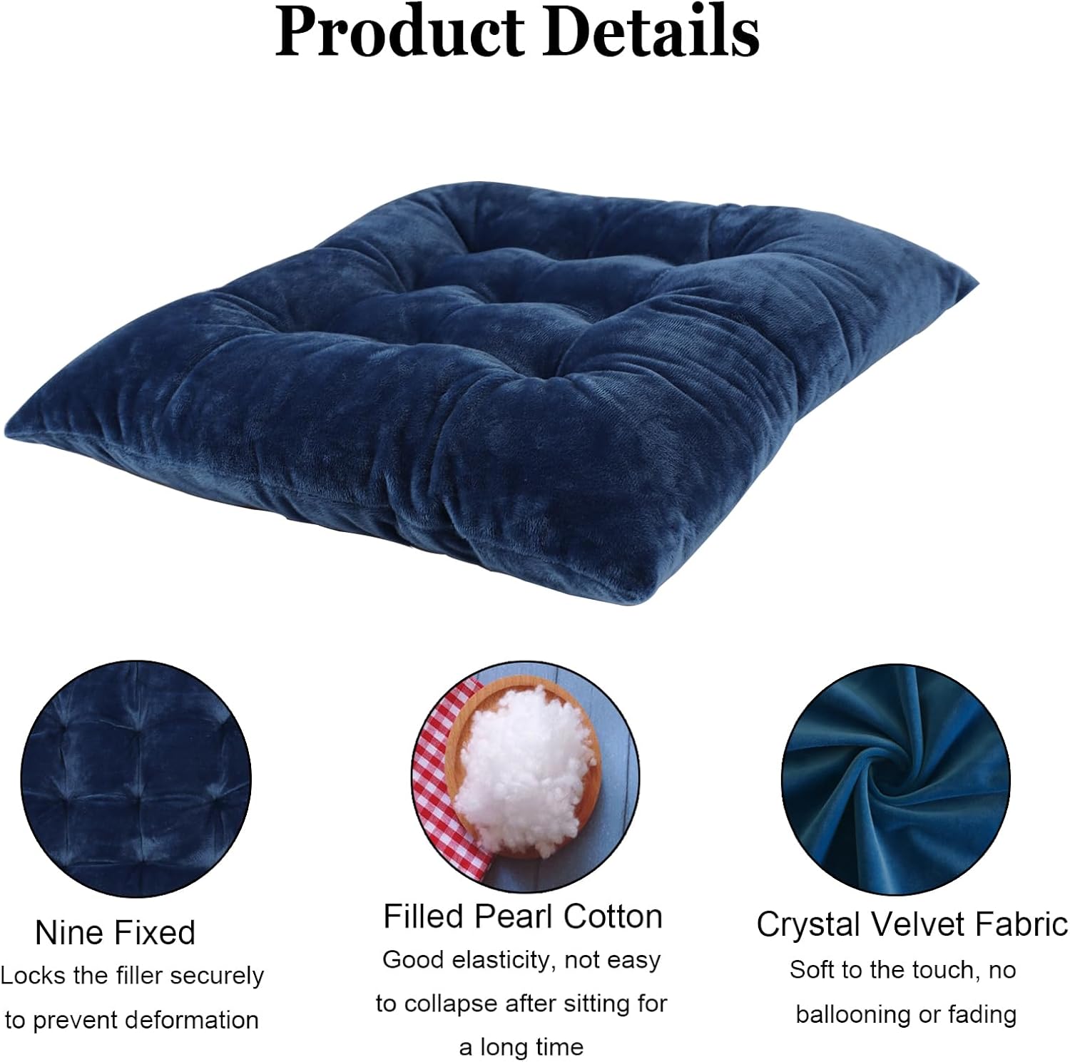 2 Pack Square Seat Cushion Chair Pads for Kitchen Dining Chairs, Soft Comfort Velvet Chair Mat Pillow Cushions with Ties for Office Desk Living Room Tatami 15.5", Blue