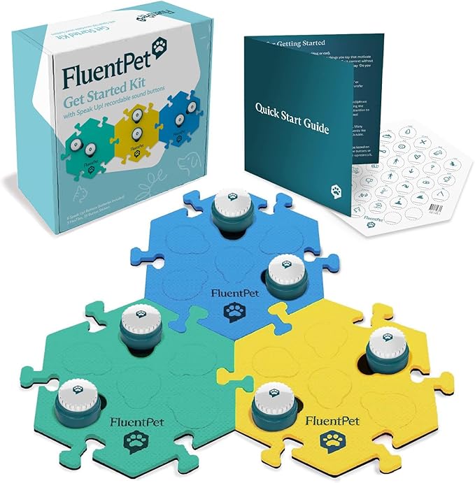 FluentPet Speak Up! Get Started Kit with Clearer Upward-Facing Sound | 6 Recordable Buttons w/Pre-Installed Batteries & 3 HexTile Button Mats | Training Dog & Cat Communication Buttons