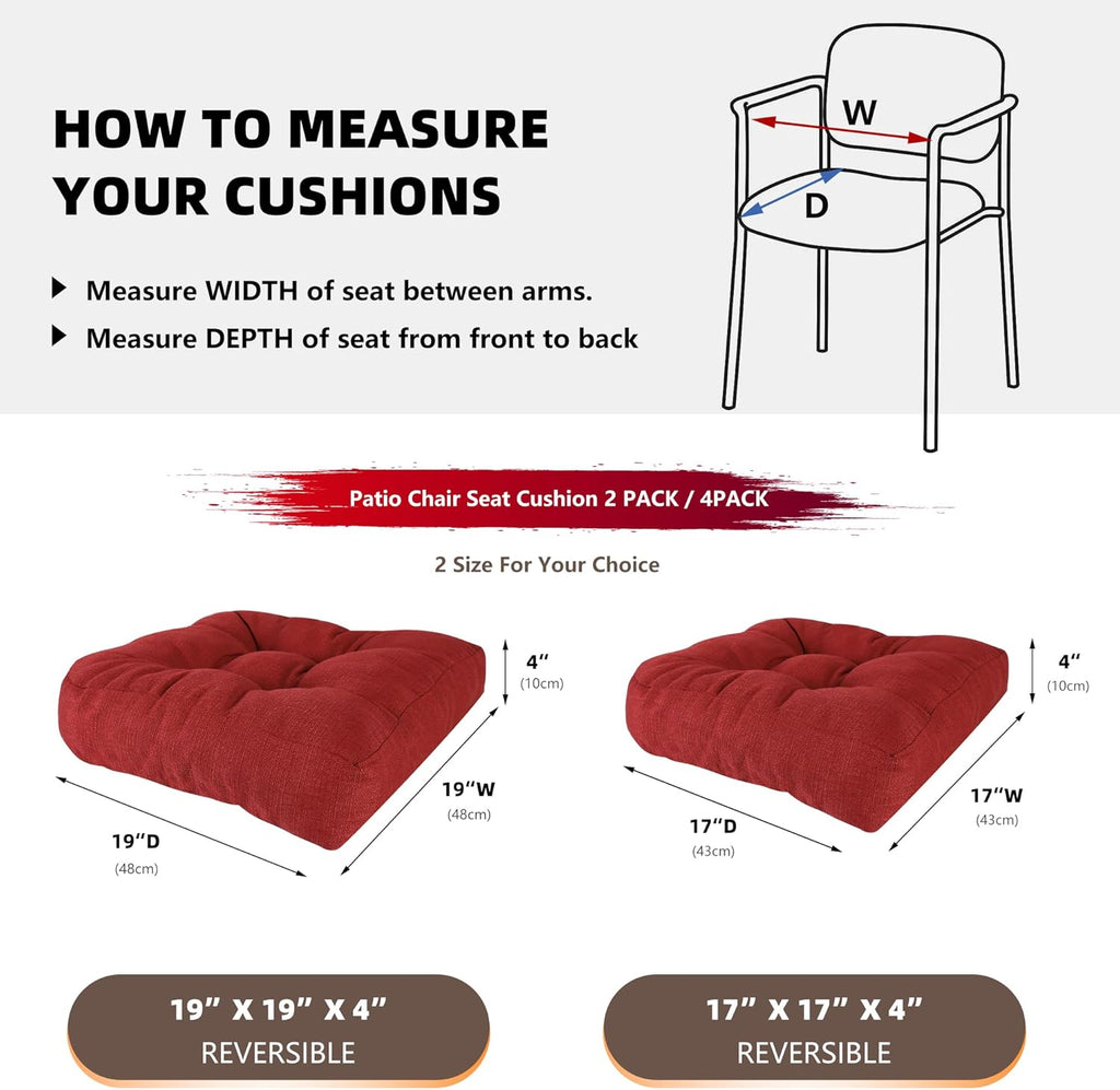 RACE LEAF Patio Chair Cushions 19x19 4 Pack, Memory Foam Outdoor Seat Cushions Water Resistant Tufted Non-Slip Bottom (Red)