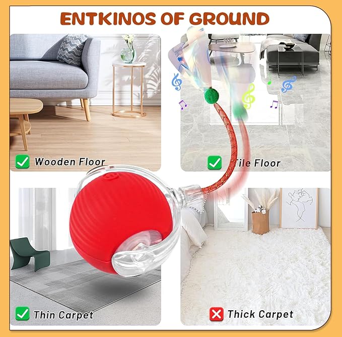 Interactive Cat Toys for Indoor Cats, Speedy Moving Ball Cat Toys with Colorful Tail, Smart Interactive Cat Rolling Ball (Red)