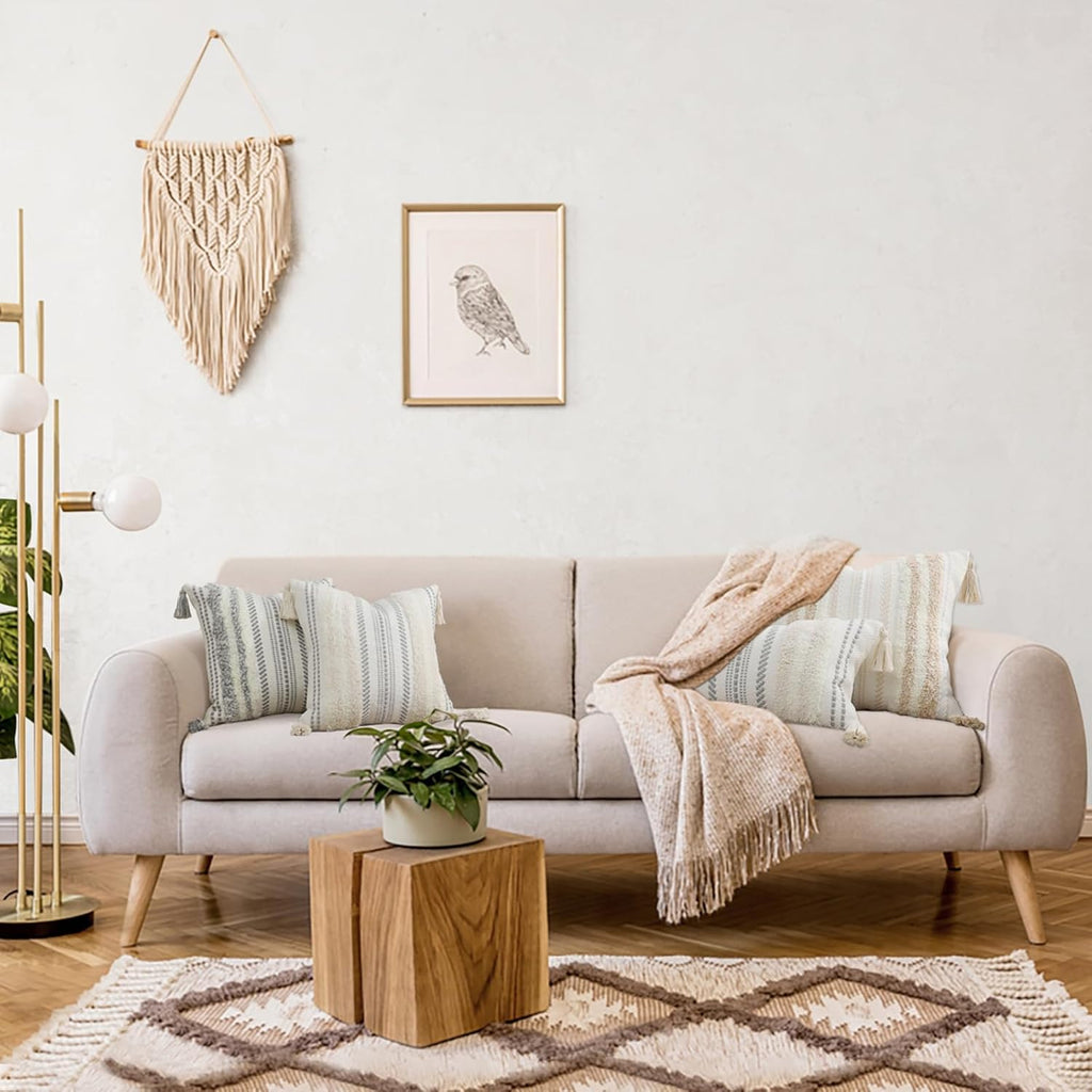 decorUhome Decorative Boho Throw Pillow Covers 20x20 Set of 2, Accent Neutral Textured Tufted Pillow Covers Striped for Couch Bed Sofa Living Room, Khaki and Cream White