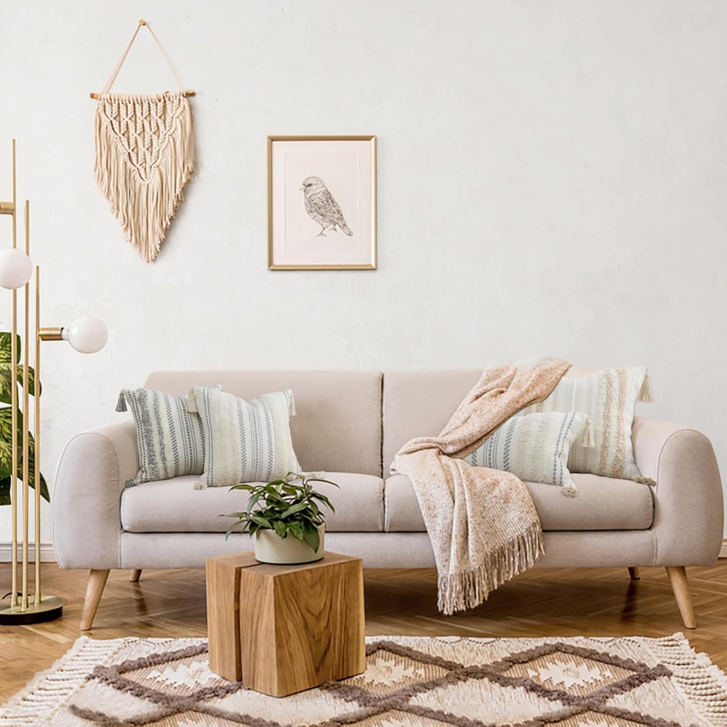 decorUhome Decorative Boho Throw Pillow Covers 12x20 Set of 2, Lumbar Accent Neutral Textured Tufted Pillow Covers Striped for Couch Bed Sofa Living Room, Khaki and Cream White