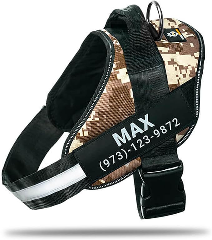 Personalized No-Pull Dog Harness with Name Patch, Adjustable, Reflective, Padded, Heavy Duty Pet Vest to Prevent Tugging, Pulling, or Choking, Training and Walking, Military Desert, M