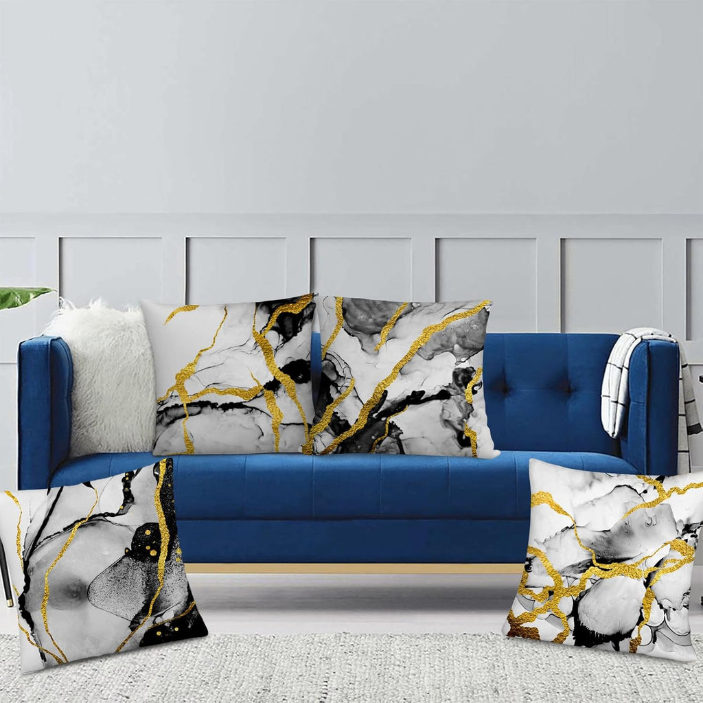 Black Gold Grey Marble Throw Pillows Covers 18x18 Inch Set of 4, Abstract Modern Decorative Pillow Cases for Sofa Couch Bedroom Living Room Home Black and Gold Decor Cushion Covers