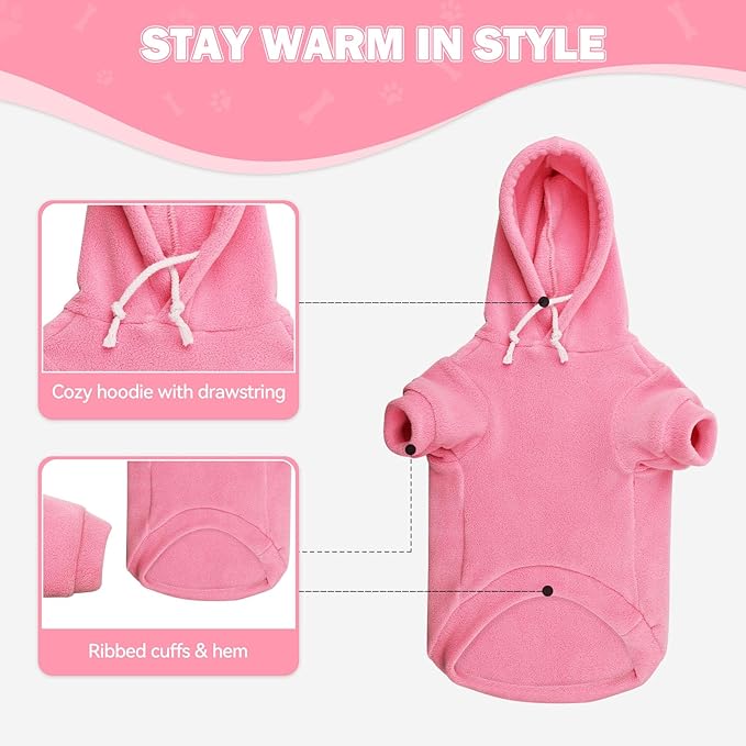 Extra Small Dog Sweater,Dog Hoodie,Warm Fleece Sweatshirt with Hood & Pocket,Leash Hole,Cozy Cold Weather Cat Pet Clothes Puppy Sweater for Small Dogs(Pink,XS)
