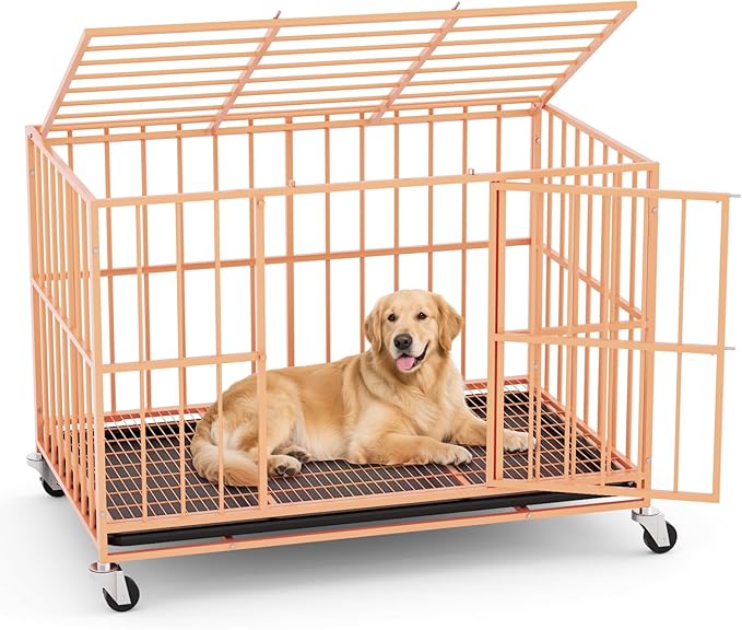48 in Orange Heavy Duty Dog Crate Steel Escape Proof, Indoor Double Doors and Lockable Wheels,Removable Tray, for Medium and Large Large Dog Breeds,XL,XXL