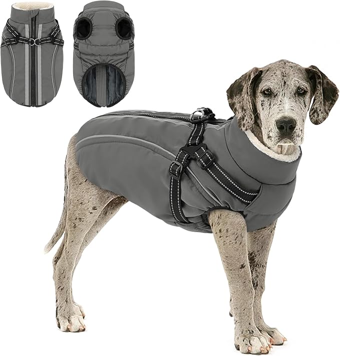 Dog Winter Coat with Harness Built in Warm Puffer Dog Jackets for Small Medium Large Dogs Windproof Waterproof Outfit with Plush Lining and Reflective Stripes (Grey, 3XL)