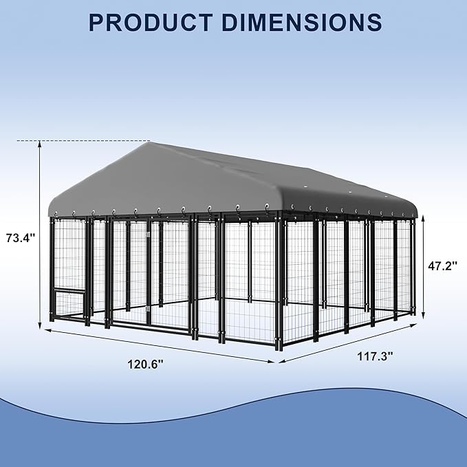 10X10FT Dog Kennel Outside Double Door Dog Kennel Outdoor with Feeding, Heavy Duty Outdoor Dog Crate Durable Dog Cage with Roof & Double Lock