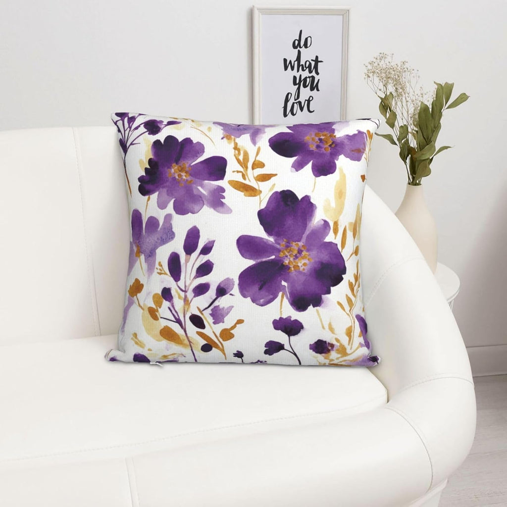 Purple Floral Throw Pillow Covers 18X18 Inch Set of 2, Decorative Violet and Gold Flower Pillows, Modern Boho Farmhouse Pillowcase for Couch Sofa Bedroom Living Room Home Decor Purple Yellow White