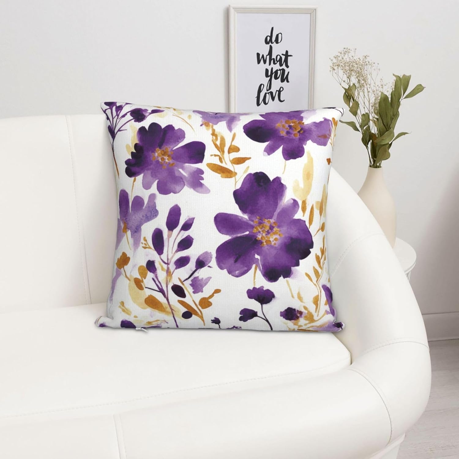 Purple Floral Throw Pillow Covers 18X18 Inch Set of 2, Decorative Violet and Gold Flower Pillows, Modern Boho Farmhouse Pillowcase for Couch Sofa Bedroom Living Room Home Decor Purple Yellow White