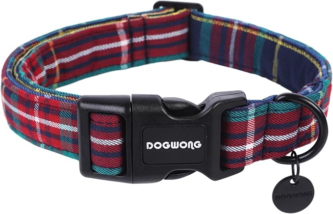 DOGWONG Christmas Cotton Dog Collar, Blue Tartan Christmas Dog Collar Durable Soft Fabric Pet Dog Collars Cute Blue Plaid Puppy Necklace for Small Medium Large Dogs