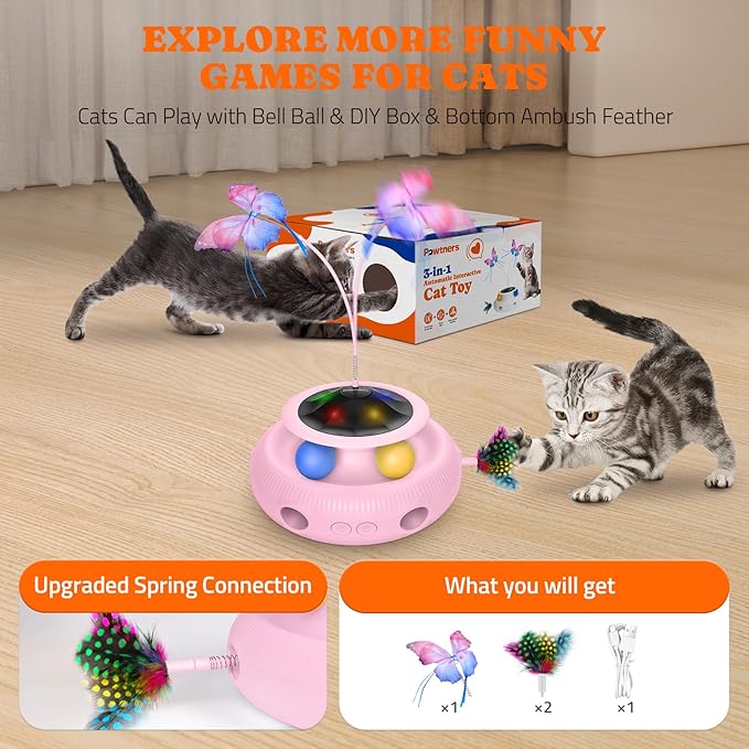 Interactive Cat Toy, 3 in 1 Automatic Cat Toy for Indoor Cats, Electric Kitten Toy with Rechargeable Battery, Self Play Kitty Toys with Rotating Fluttering Butterfly,Track Ball and Ambush Feather,Pink