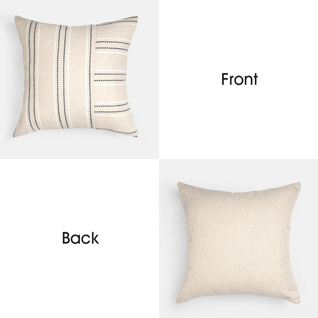 AELS 18x18 Decorative Farmhouse Linen Throw Pillow Covers, Boho Textured Pillow Case, Set of 2, Beige with White & Black Stripe Patchwork Cushion Cover for Sofa Couch Living Room (Cover ONLY)