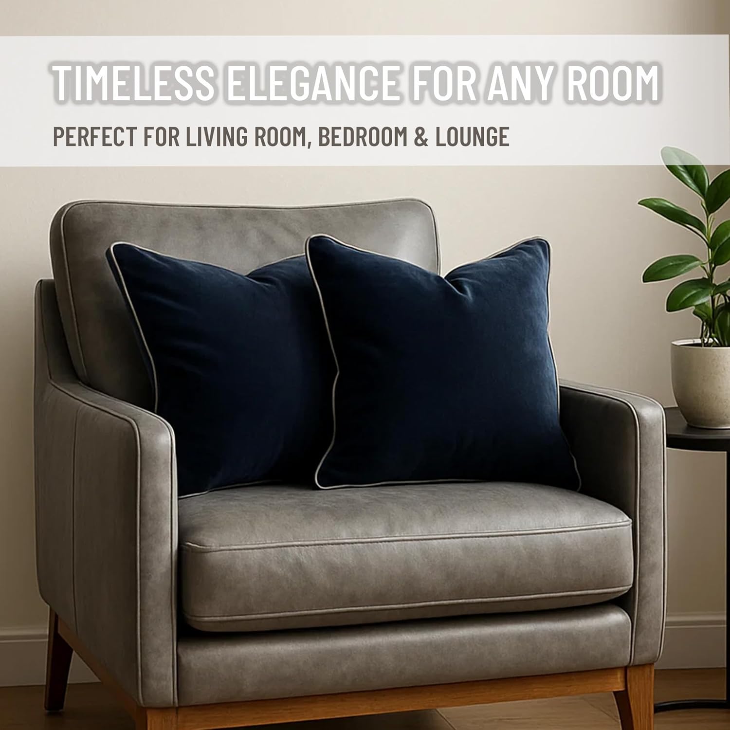 2 Pack Velvet Decorative Throw Pillow Covers, 18"x18", Navy Blue and Grey, Solid, Modern, Contrast Piping, Indoor Use, Bedroom & Living Room