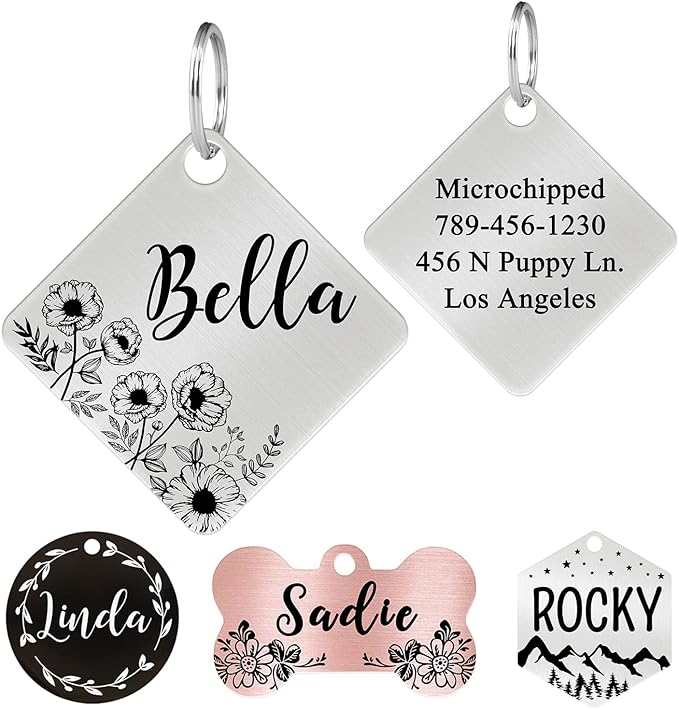 Ultra Joys Stainless Steel Pet ID Tags - Personalized Front and Back Engraving, Customized Dog and Cat Tags, Optional Engraved on Both Sides, Diamond Flower Silver Small